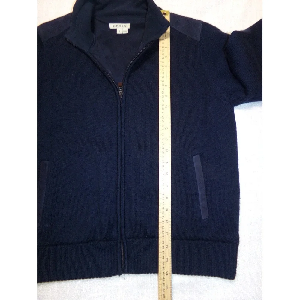 Orvis Navy Blue Merino Wool Full Zip Lined Sweater w/ Suede Accents Men's Size M